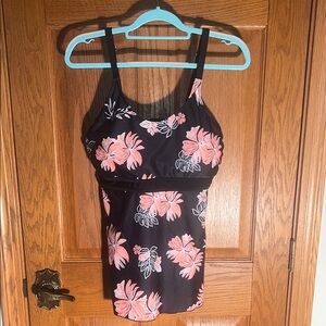Like new floral black & peachy pink swim top